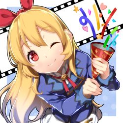 10s 1girl aikatsu! aikatsu!_(series) blonde_hair blush female_focus film_strip hair_ribbon hoshimiya_ichigo long_hair looking_at_viewer one_eye_closed open_mouth party_favor party_popper red_eyes ribbon smile solo yuuzii