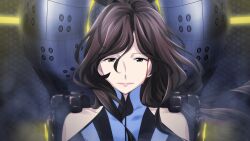 Rule 34 | 1girl, bare shoulders, blood, blood drip, blood from forehead, blood on face, blue bodysuit, bodysuit, brown eyes, brown hair, clothing cutout, collarbone, exoskeleton, floating hair, fukuda tomonori, game cg, hair over shoulder, high collar, highres, indoors, lipstick, long hair, looking at viewer, makeup, mature female, mecha interior, mecha pilot suit, narrowed eyes, non-web source, official art, parted bangs, pilot, piloting, red lips, robotics;notes, senomiya misaki, shiny lips, shoulder cutout, sitting, skin tight, smile, smoke, solo, vertical-striped bodysuit