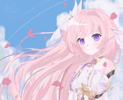 1girl bare_shoulders blue_sky breasts cloud commentary corset diamond-shaped_pupils diamond_(shape) elf elysia_(herrscher_of_human:_ego)_(honkai_impact) elysia_(honkai_impact) falling_petals hair_ornament hanyumpuu highres honkai_(series) honkai_impact_3rd large_breasts long_hair looking_at_viewer outdoors petals pink_hair pointy_ears purple_eyes sky smile solo symbol-shaped_pupils triquetra very_long_hair white_corset