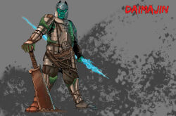 angry armor blue_electricity body_armor character_name colored_skin cracked_sword daiei_motion_picture daimajin daimajin_(series) demon electricity eric_rose golem green_skin helmet japanese_armor kaiju lightning looking_at_viewer no_humans polearm redesign rope samurai simple_background spear spirit sword warrior weapon