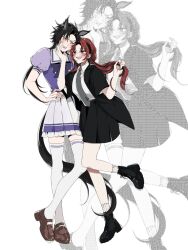 2girls :d air_shakur_(umamusume) annoyed black_boots black_eyes black_hair black_jacket black_skirt blush boots borrowed_character brown_shoes clenched_teeth collared_shirt commission crepe_commission dress_shirt eyebrow_piercing female_trainer_(umamusume) frilled_skirt frills full_body grey_necktie heads_together highres holding holding_own_hair jacket long_hair mary_janes multiple_girls nacheon necktie oc_x_canon open_clothes open_jacket open_mouth original piercing pleated_skirt puffy_short_sleeves puffy_sleeves purple_shirt red_hair sailor_collar sailor_shirt school_uniform second-party_source sharp_teeth shirt shirt_tucked_in shoes short_sleeves skirt smile socks squeezing_cheeks standing suit_jacket summer_uniform tarot_(shakurkoi) teeth thighhighs tracen_school_uniform trainer_(umamusume) umamusume white_sailor_collar white_shirt white_skirt white_socks white_thighhighs yuri zettai_ryouiki zoom_layer