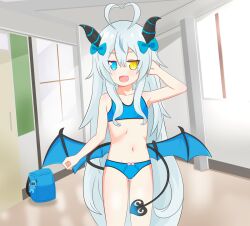 1girl ahoge akugaki_koa backpack bag belly blue_bra blue_eyes blue_panties bow bra breasts commission demon_horns demon_tail demon_wings flat_chest hair_bow hair_ribbon hallway heterochromia highres horns idol_corp leafy_bow long_hair looking_at_viewer navel open_mouth panties randoseru ribbon school small_breasts solo standing tail thighs underwear underwear_only very_long_hair virtual_youtuber white_hair wings yellow_eyes