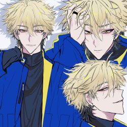 Rule 34 | 1boy, black hair, black shirt, blonde hair, blue jacket, chinese commentary, closed mouth, earrings, hair between eyes, hand in own hair, highres, jacket, jewelry, long sleeves, looking at viewer, male focus, multicolored hair, multiple views, nana6380, parted lips, piercing, ring, shadow, shiguang dailiren, shirt, short hair, sleeves past wrists, smile, turtleneck, white background, xia fei, yellow eyes