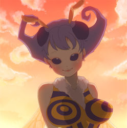 1girl antennae arthropod_girl backlighting bare_shoulders bee bee_girl breasts bug capcom darkstalkers donguri_(acorncafe) female_focus insect insect_girl large_breasts looking_at_viewer monster_girl no_pupils purple_hair q-bee short_hair sky smile solid_eyes solo twilight upper_body