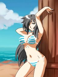1girl animated animated_gif beach bikini black_hair blinking blue_bikini breasts cleavage cloud commentary commission cowboy_shot english_commentary floating_hair green_eyes looking_at_viewer looping_animation medium_breasts navel ocean original rikeza shadow sky smile solo striped_bikini striped_clothes swimsuit