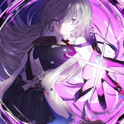 1girl arcaea black_gloves black_skirt bow collared_shirt colorful_background earrings gloves hair_between_eyes highres insight_(arcaea) jewelry light_smile long_sleeves necktie purple_eyes reaching reaching_towards_viewer red_necktie shirt single_shoulder_pad skirt smile solo thigh_strap upper_body user_sahe4448 white_hair white_shirt yellow_bow