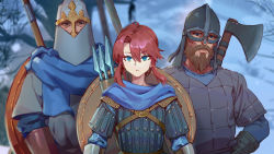 1girl 2boys armor axe beard blue_eyes blue_scarf facial_hair gauntlets gongxiao_zao helmet highres long_hair multiple_boys open_mouth original outdoors polearm red_hair scarf shield spear viking warrior weapon