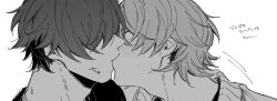 Rule 34 | 2boys, adam&#039;s apple, close-up, closed eyes, covered eyes, dakenisdog, from side, greyscale, hair behind ear, hair over eyes, highres, jacket, kiss, lighter (zenless zone zero), male focus, monochrome, multiple boys, profile, shirt, translation request, white background, wise (zenless zone zero), yaoi, zenless zone zero