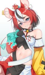 !? 1girl animal_ear_fluff animal_ears aqua_bow arm_up asymmetrical_sleeves bare_shoulders belt bilingual_commentary black_belt black_gloves black_hair black_skirt black_tube_top blue_eyes blush bow breasts clothes_lift clothes_writing collar collarbone commentary cowboy_shot crop_top detached_sleeves dice_hair_ornament double-parted_bangs flame_print gloves gradient_background grin hair_between_eyes hair_ornament hakos_baelz hakos_baelz_(1st_costume) head_tilt highres hololive hololive_english jewelry key key_necklace lifting_own_clothes long_sleeves looking_at_viewer medium_breasts midriff mismatched_sleeves mixed-language_commentary mouse_(animal) mouse_ears mouse_girl mouse_on_head mouse_tail mousetrap mr._squeaks_(hakos_baelz) multicolored_hair multicolored_skirt navel necklace off_shoulder red_hair red_skirt sharp_teeth shirt short_hair simple_background skirt sleeves_past_wrists smile solo spiked_collar spikes strapless strapless_shirt streaked_hair tail tail_bow tail_ornament teeth tube_top two-tone_hair upper_body virtual_youtuber white_background white_hair white_shirt white_skirt yellow_sleeves z.m._(zimin)