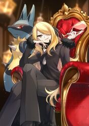 1girl blonde_hair breasts coat crossed_legs cynthia_(pokemon) fur-trimmed_coat fur-trimmed_sleeves fur_collar fur_trim gen_4_pokemon grey_eyes hair_ornament hair_over_one_eye highres holding long_hair long_sleeves looking_at_viewer lucario nintendo pokemon pokemon_(creature) pokemon_dppt sitting sitting_on_throne smile throne very_long_hair yomogi_(black-elf)