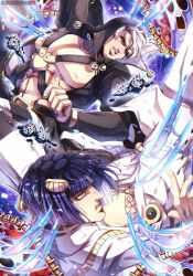 2boys abs bare_pectorals black_coat black_hair black_hood black_pants black_sclera blue_eyes bob_cut bruno_bucciarati cappuris coat colored_sclera commentary english_commentary grey_hair hair_ornament hairclip highres hood hood_up jacket jojo_no_kimyou_na_bouken long_coat long_sleeves male_focus metallica_(stand) multiple_boys muscular muscular_male pants pectorals red_eyes risotto_nero short_hair stand_(jojo) striped_clothes striped_pants upside-down vento_aureo white_jacket white_pants zipper zipper_pull_tab