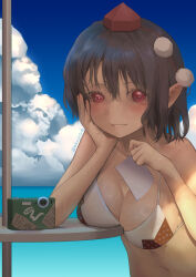 1girl beach bikini black_hair blue_sky blush breast_rest breasts breasts_on_table camera cleavage closed_mouth commentary_request day hand_on_own_cheek hand_on_own_face hat horizon looking_at_viewer medium_breasts outdoors pointy_ears pom_pom_(clothes) red_eyes red_hat shameimaru_aya short_hair sky smile solo swimsuit table tokin_hat touhou upper_body white_bikini yawdeone