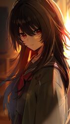 1girl 852_box black_hair black_serafuku closed_mouth hashtag-only_commentary highres indoors kisaragi_ren_(5th_costume) kisaragi_ren_(vtuber) long_hair looking_at_viewer neckerchief red_eyes red_neckerchief school_uniform serafuku solo virtual_youtuber vspo!