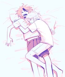 2boys ahoge aotsuki_eito barefoot black_hair closed_eyes closed_mouth cuddling drooling feet feet_out_of_frame full_body highres limited_palette lying lying_on_person male_focus messy_hair multicolored_hair multiple_boys on_back on_side open_mouth red_hair saliva shirt shorts simple_background sleeping streaked_hair sumino_takumi t-shirt teeth the_hundred_line_-last_defense_academy- toes upper_teeth_only white_background white_hair yaoi