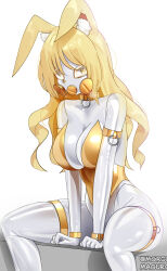 Rule 34 | + +, 1girl, absurdres, animal ear fluff, animal ears, armlet, blonde hair, bodysuit, bracelet, breasts, collar, commission, gas mask, highres, impossible bodysuit, impossible clothes, jewelry, large breasts, latex, latex bodysuit, leotard, long hair, looking at viewer, maguro27, mask, original, rabbit ears, rabbit girl, shiny clothes, sitting, skin tight, solo, strapless, strapless leotard, thighlet, white bodysuit, yellow eyes, yellow leotard