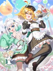 4girls :d ^_^ alternate_costume animal_ears apron aqua_dress aqua_hair back_bow belt black_dress black_gloves black_thighhighs blonde_hair blue_eyes bow brown_belt brown_hair brown_shoes burnt_green_tea closed_eyes commentary dokibird_(vtuber) dokibird_(vtuber)_(bounty_hunter) dokibird_(vtuber)_(tomato) dooby_(vtuber) dragoon_(dokibird) dress english_commentary food frills full_body gloves goggles goggles_on_head gradient_hair green_dress hair_ornament hairclip highres holding holding_food holding_notepad indie_virtual_youtuber looking_at_viewer maid_headdress medium_hair mint_fantome mint_fantome_(minto_2.0) multicolored_hair multiple_girls necktie nimi_nightmare notepad open_mouth orange_necktie pointy_ears red_eyes shoes single_thighhigh sleeves_past_wrists smile thighhighs ticket triangular_headpiece two_side_up virtual_youtuber white_apron white_hair white_thighhighs wisps_(mint_fantome)