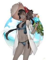 Rule 34 | 1girl, beach, bikini, bikini under clothes, black bikini, black hair, black nails, black ribbon, blue bikini, blue liquid, blue sky, bracelet, breasts, brown hat, cardigan, cleavage, closed eyes, cloud, colored skin, cup, d.gray-man, drink, drinking glass, drinking straw, facial mark, floating hair, flower, food, forehead mark, fruit, gold bracelet, grey skin, hair ribbon, hat, hat flower, hat ribbon, holding, holding cup, ice, ice cube, jewelry, large hat, lemon, lemon slice, long hair, long sleeves, low ponytail, lulu bell, mature female, medium breasts, midriff, multicolored bikini, multiple bracelets, navel, noah (d.gray-man), ocean, open cardigan, open clothes, palm tree, ponytail, purple ribbon, red flower, ribbon, sidelocks, single sidelock, sino42, sky, sleeves rolled up, solo, straw hat, striped bikini, striped clothes, striped ribbon, swimsuit, thighs, tree, two-tone bikini, very long hair, white cardigan
