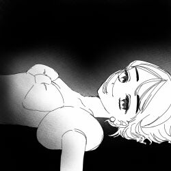 1girl alien_stage black_background bow commentary earrings english_commentary from_side greyscale highres jewelry looking_at_viewer lying monochrome on_back oracc_liu puffy_sleeves short_hair solo sphere_earrings sua_(alien_stage)