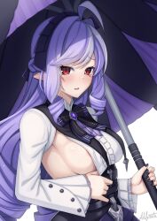 1girl ahoge alfort_(may0508) areola_slip artist_name black_nails blush breasts fingernails highres holding holding_umbrella long_hair long_sleeves looking_at_viewer medium_breasts mole mole_under_eye nail_polish pointy_ears purple_hair red_eyes shirt simple_background solo umbrella upper_body vivian_(zenless_zone_zero) white_background white_shirt zenless_zone_zero