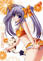 Rule 34 | 00s, 1girl, bikini, blue eyes, blush, bow, cat, female focus, flat chest, food, food-themed clothes, food print, frilled bikini, frills, fruit, fruit print, hair bow, long hair, nishimata aoi, official art, orange (fruit), orange bikini, orange print, orange slice, orange theme, pointy ears, primula, purple hair, shuffle!, silver hair, solo, swimsuit, tankini, twintails