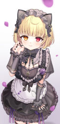 1girl absurdres apron black_bow black_bowtie black_dress black_nails blonde_hair bow bowtie breasts closed_mouth commentary dress fingernails flower frilled_apron frilled_dress frills gothic_lolita hand_up heterochromia highres hoshikawa_sara hoshikawa_sara_(9th_costume) light_blush lolita_fashion nail_polish nijisanji official_alternate_costume oguraponti purple_flower red_eyes short_hair simple_background smile solo waist_apron white_apron white_background yellow_eyes