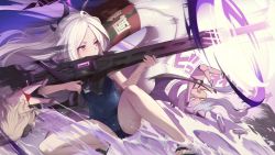 3girls aiming ass bikini black_bikini blue_archive blue_one-piece_swimsuit cameltoe commentary_request dark_skin demon_girl demon_horns demon_wings fighting_stance firing grey_hair gun hair_between_eyes hair_ornament hairclip halo hina_(blue_archive) hina_(swimsuit)_(blue_archive) holding holding_gun holding_weapon horns iori_(blue_archive) iori_(swimsuit)_(blue_archive) izumi_(blue_archive) izumi_(swimsuit)_(blue_archive) jewelry lifebuoy long_hair looking_at_viewer machine_gun mg42 multi-strapped_bikini_bottom multiple_girls name_tag natsume_yochiki old_school_swimsuit one-piece_swimsuit parted_bangs pointy_ears purple_eyes red_bikini sandals school_swimsuit shockwave side-tie_bikini_bottom sidelocks sleeveless solo_focus squatting swim_ring swimsuit thighlet twintails weapon white_hair wings