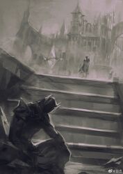 2boys absurdres armor cape castle character_request chinese_commentary commentary_request final_fantasy final_fantasy_xiv fog full_armor greyscale helm helmet highres injury male_focus monochrome multiple_boys outdoors pauldrons short_hair shoulder_armor sitting stairs sukly watermark weibo_watermark