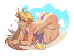 Rule 34 | 1girl, absurdres, ahoge, all fours, ass, ball, bare arms, bare legs, bare shoulders, barefoot, bikini, bikini tan, blonde hair, blue eyes, bracelet, breasts, commentary, ear piercing, earrings, english commentary, full body, grin, hair between eyes, highres, hoop earrings, jewelry, large breasts, long hair, looking at viewer, middle finger, mole, mole on ass, mole under eye, nail polish, on ground, panty &amp; stocking with garterbelt, panty (psg), piercing, pink bikini, red nails, roxy thefoxy, sand, skindentation, smile, solo, swimsuit, tan, tanline, thigh strap, toenail polish, toenails, visor cap, volleyball (object)