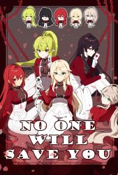 5girls absurdres alternate_costume aqua_eyes ara_haan ascot asdff9919 black_ascot black_hair blonde_hair card chain chibi closed_mouth commentary elesis_(elsword) elf elsword english_commentary english_text eyeshadow green_eyes green_hair grey_hair high-waist_pants highres holding holding_card laby_(elsword) long_hair long_sleeves looking_at_viewer makeup multiple_girls orange_eyes pants petals pointy_ears ponytail profile red_eyes red_eyeshadow red_hair red_shirt rena_erindel rose_(elsword) shirt smile white_pants yellow_eyes