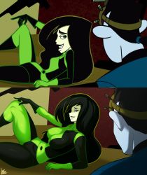 1boy 1girl absurdres asymmetrical_gloves black_bodysuit black_hair black_lips blue_skin bodysuit breasts cleavage colored_skin derivative_work dr._drakken feet_out_of_frame gloves green_bodysuit green_skin highres jmg kim_possible_(series) long_hair mismatched_gloves multicolored_bodysuit parted_lips profile screenshot_redraw shego skin_tight smile solo_focus