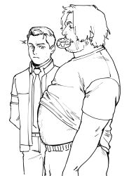 2boys bara beard_stubble big_belly blank_stare character_request clothes_lift connor_(detroit) detroit:_become_human donut expressionless facial_hair fat fat_man food food_in_mouth from_side girl_staring_at_guy&#039;s_chest_(meme) greyscale hank_anderson highres looking_ahead looking_at_stomach looking_down male_focus mature_male meme monochrome multiple_boys navel_hair necktie nore_(boosuke) notice_lines pectorals shirt shirt_lift short_hair stubble t-shirt yaoi