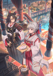 2girls animal_ear_fluff animal_ears architecture armor black_hair black_hakama black_skirt blue_flower blunt_bangs breastplate bridal_gauntlets chinese_zodiac closed_mouth creature dragon east_asian_architecture fantasy fish flower food fruit ghost grey_hair hair_between_eyes hair_flower hair_ornament hakama hakama_skirt highres holding horns japanese_armor japanese_clothes kagami_mochi katana kimono kote kusazuri lantern long_hair long_sleeves looking_at_another mandarin_orange miko mochi multiple_girls nagi_itsuki new_year original outdoors ponytail railing red_eyes red_hakama ribbon-trimmed_sleeves ribbon_trim rope samurai scabbard sheath sheathed shide shimenawa shoulder_armor shrine signature skirt smile sode stairs standing sword table tassel tray wagashi weapon white_hair white_kimono wide_sleeves