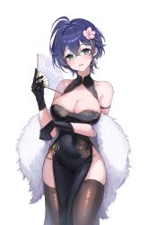 Rule 34 | 1girl, absurdres, alternate breast size, alternate costume, bare shoulders, belle (zenless zone zero), black dress, black gloves, black thighhighs, blue hair, breasts, china dress, chinese clothes, cleavage, commentary, covered navel, crossed bangs, dress, flower, gloves, hair between eyes, hair flower, hair ornament, hand fan, highres, holding, holding fan, ien (to yen), large breasts, parted lips, short hair, simple background, smile, solo, thighhighs, white background, zenless zone zero