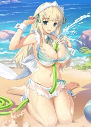 1girl beach between_breasts bikini blonde_hair breasts cleavage green_eyes large_breasts long_hair navel official_art open_mouth queen&#039;s_blade queen&#039;s_blade_limit_break senran_kagura sexually_suggestive solo swimsuit water wet yomi_(senran_kagura)