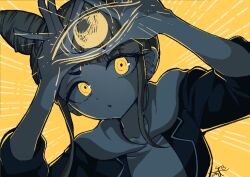 Rule 34 | 1girl, :o, cone hair bun, double bun, eye of providence, glowing, glowing eyes, hair bun, hands up, highres, hood, hood down, hoodie, jasmine (toshi densetsu kaitai center), jumpsuit, limited palette, long hair, looking at viewer, short hair, signature, solo, toshi densetsu kaitai center, triangle hands, upper body, yamada fgm, yellow background, yellow eyes