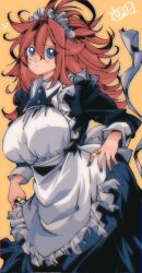 1girl alternate_costume android_21 apron black_dress blue_eyes bow breasts dragon_ball dragon_ball_fighterz dragonball_z dress enmaided frilled_apron frilled_dress frills highres kinakomochi_(user_vedc2333) large_breasts long_hair looking_at_viewer maid maid_apron maid_headdress puffy_sleeves ribbon simple_background solo waist_apron white_apron wrist_cuffs yellow_background
