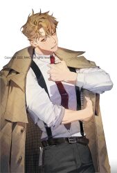 Rule 34 | 1boy, absurdres, adjusting clothes, adjusting necktie, belt, biting own lip, black belt, black pants, brown coat, brown hair, coat, coat on shoulders, cowboy shot, hair between eyes, highres, korean commentary, long sleeves, male focus, nakddidi, necktie, original, pants, parted bangs, parted lips, red eyes, red necktie, shirt, short hair, simple background, solo, suspenders, sweatdrop, white background, white shirt