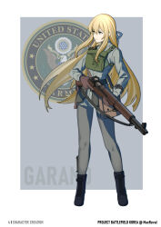 1girl absurdres bayonet black_boots blonde_hair blue_ribbon boots brown_gloves english_text explosive full_body girls&#039;_frontline gloves green_eyes green_jacket green_pants grenade gun gun_sling hair_between_eyes hair_ribbon highres holding holding_gun holding_weapon jacket long_hair looking_to_the_side m1_garand m1_garand_(girls&#039;_frontline) macayase mk2_grenade pants ribbon rifle trigger_discipline two-handed united_states_army watch weapon wristwatch