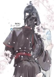 1010923 2boys ahoge black_hair black_hanfu blurry blurry_foreground branch cherry_blossoms chinese_clothes clothes_grab falling_petals flower from_behind hair_ribbon hanfu headband highres implied_kiss lan_wangji long_hair long_sleeves male_focus modao_zushi multiple_boys petals ponytail red_ribbon ribbon robe sash topknot twitter_username watermark wei_wuxian white_background white_flower white_hanfu white_headband wide_sleeves xiao_guan_(headdress) yaoi