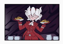 1girl beelzebub_(helltaker) bug business_suit crossover demon demon_girl demon_horns fly food formal_clothes frank_araya helltaker highres holding holding_plate horns insect pancake plate red_eyes red_suit short_hair suit team_fortress_2 vest waistcoat white_hair white_horns