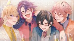 4boys :d ^_^ ahoge alcohol arm_on_another&#039;s_shoulder artist_name black-framed_eyewear black_hair black_jacket black_necktie blonde_hair blue_jacket blue_shirt blush champagne champagne_flute closed_eyes collared_shirt colored_inner_hair commentary crossed_bangs cup drinking_glass ear_piercing fang fura_kanato glasses grey_background hair_between_eyes hair_intakes happy highres holding holding_cup jacket jacket_on_shoulders kaburagi_(pnoir087) lapels lens_flare light_particles looking_at_another lower_teeth_only male_focus multicolored_hair multiple_boys necktie nijisanji open_clothes open_jacket open_mouth parted_bangs piercing pink_hair purple_eyes purple_hair red_eyes red_hair red_jacket red_shirt seraph_dazzlegarden shikinagi_akira shirt short_hair skin_fang smile sparkle streaked_hair symbol-only_commentary teeth tie_clip twitter_username two-tone_hair upper_body upper_teeth_only virtual_youtuber voltaction watarai_hibari watermark white_jacket white_shirt wing_collar yellow_shirt