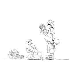 1girl 2boys beanie bito_daisukenojo bito_raimu bouquet brother_and_sister chain chain_necklace cola crying drink family flower flying_squirrel grave hat highres holding holding_skateboard jewelry multiple_boys necklace offering praying siblings skateboard skull_necklace skull_print squirrel subarashiki_kono_sekai