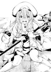 1girl commentary_request crying crying_with_eyes_open fukushima_masayasu goblin_slayer! greyscale highres holding holding_staff monochrome on_ground pee peeing peeing_self priestess_(goblin_slayer!) scared solo staff tears