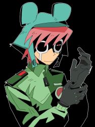 1boy adjusting_clothes adjusting_gloves black_background black_gloves gloves green_jacket highres jacket l-zhui male_focus mouse_hat pink_hair present_day_problem_takeuchi_robert randal&#039;s_friends red_eyes short_hair simple_background solo teardrop upper_body