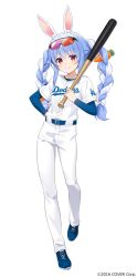 1girl amagai_tarou animal_ear_fluff animal_ears baseball_bat baseball_jersey baseball_uniform blue_footwear blue_hair bow braid carrot_hair_ornament commentary_request compression_shirt copyright_notice eyewear_on_head food-themed_hair_ornament full_body hair_bow hair_ornament hand_on_own_hip highres hikimayu holding holding_baseball_bat hololive jersey long_hair looking_at_viewer los_angeles_dodgers multicolored_hair official_alternate_costume official_art orange-tinted_eyewear pants rabbit-shaped_pupils rabbit_ears rabbit_girl red_eyes short_eyebrows sidelocks simple_background smile solo sportswear standing symbol-shaped_pupils thick_eyebrows tinted_eyewear twin_braids twintails two-tone_hair usada_pekora virtual_youtuber white_background white_bow white_hair white_pants