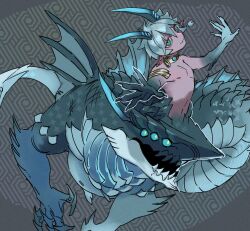 1boy animal_hands blue_eyes claws commentary_request dragon_boy dragon_horns earrings fang fang_out full_body grey_background grey_hair highres horns jewelry looking_at_viewer male_focus monster_boy neck_ring original pointy_ears short_hair slit_pupils smile solo taur touryu_23