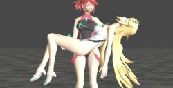 3d carrying closed_eyes competition_swimsuit fainting mythra_(radiant_beach)_(xenoblade) mythra_(xenoblade) non-web_source one-piece_swimsuit princess_carry pyra_(pro_swimmer)_(xenoblade) pyra_(xenoblade) ryona smile swimsuit unconscious xenoblade_chronicles_(series) xenoblade_chronicles_2