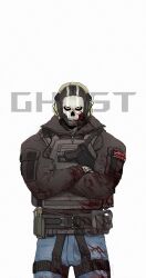 1boy balaclava belt black_jacket blood blood_on_clothes blood_on_mask blue_pants bulletproof_vest call_of_duty call_of_duty:_modern_warfare_2 character_name collared_jacket commentary cowboy_shot denim english_commentary ghost_(modern_warfare_2) gloves gun headphones headset highres holstered jacket jeans k4nczz long_sleeves looking_at_viewer male_focus mask military_combat_uniform military_uniform negative_space pants pouch red_eyes sanpaku shoulder_pouch skeleton_print skull_mask solo standing straight-on thigh_pouch union_jack vest weapon white_background