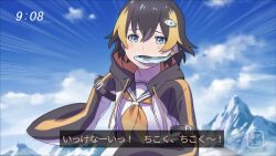 Rule 34 | 1girl, black hair, blonde hair, blue eyes, blue sky, blush stickers, cloud, cloudy sky, fish in mouth, hair between eyes, highres, hood, hoodie, hurried, late for school, majyo mia, motion lines, mountain, multicolored hair, nijisanji, nijisanji en, petra gurin, petra gurin (1st costume), short hair, sky, sleeves past fingers, sleeves past wrists, solo, streaked hair, subtitled, translation request, virtual youtuber