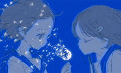 2girls black_eyes blowing blue_background blue_sailor_collar closed_eyes dandelion dandelion_seed eyelashes floating_clothes floating_hair flower from_side grey_hair hair_ornament hairclip highres holding holding_flower looking_at_flowers multiple_girls original pointy_nose sailor_collar school_uniform serafuku shirt short_hair simple_background tareme tearing_up upper_body white_shirt yaogun_tangkuai